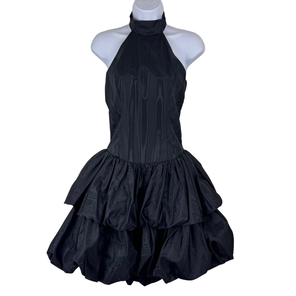 Vintage 80s Black Halter‎ Bubble Skirt Mini Dress Prom Party Statement Cocktail